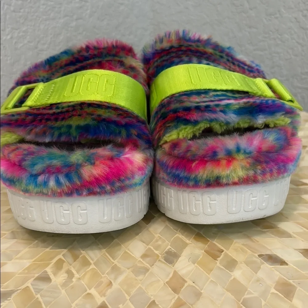 UGG Pink and Green Fuzzy Slippers